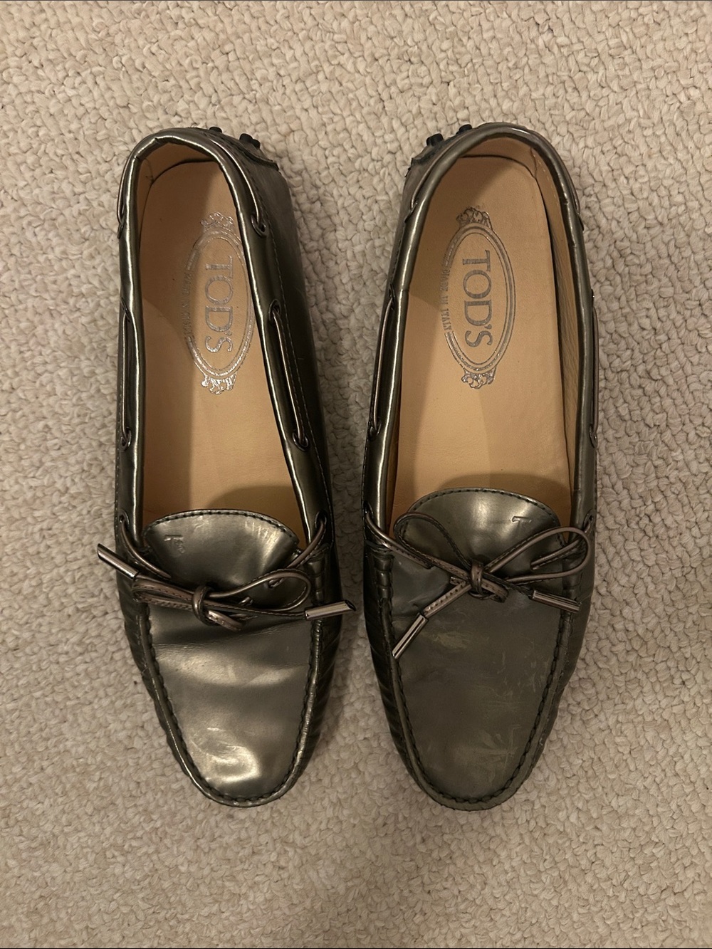 Tod's Metallic Pewter Leather Driving Loafers